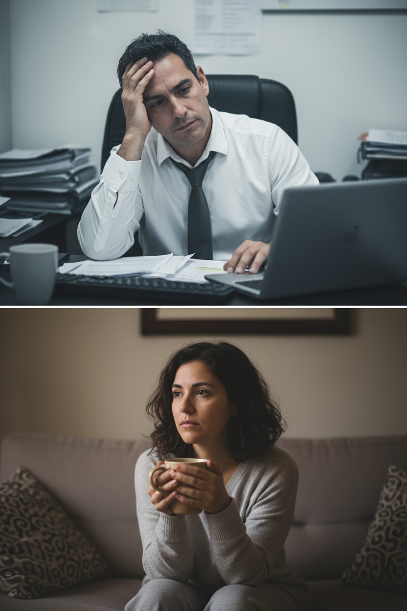ANTES 😴 — Corte horizontal: hombre arriba / mujer abajo