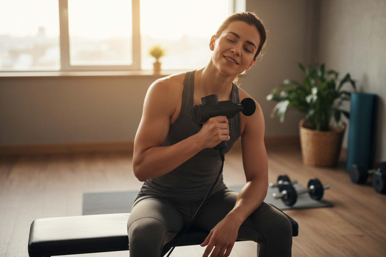 Persona usando pistola masajeadora en hombro