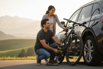Pareja inflando bicicleta