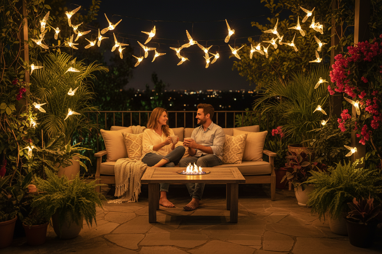 Patio con dos personas y Guirnalda Solar Colibríes